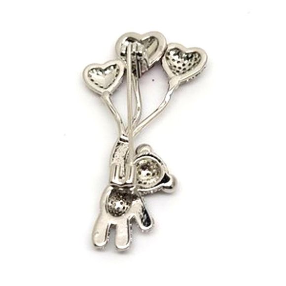 Rhodium Plated Silver Round CZ Bear & Balloons Pin - Picture 3 of 4